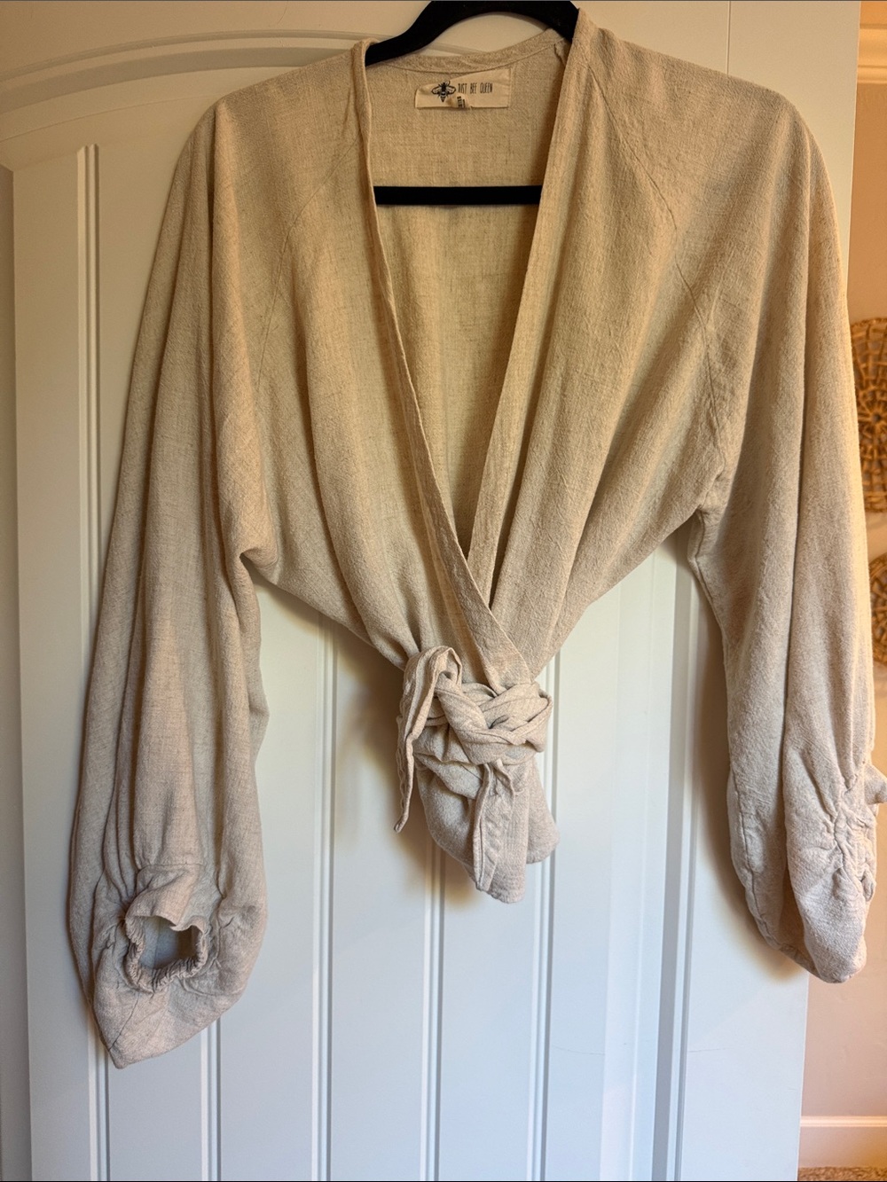 JUST BEE QUEEN linen blend Tie-Waist Cream Wrap Blouse